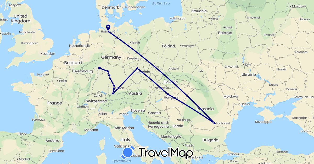 TravelMap itinerary: driving in Czech Republic, Germany, Hungary, Romania (Europe)